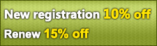 New registraion 10% off,renew 15% off